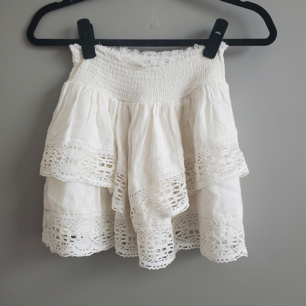 Urban Outfitters Linen Crochet Lace Tiered Elastic Mini Skirt In Cream Size S - Picture 3 of 6